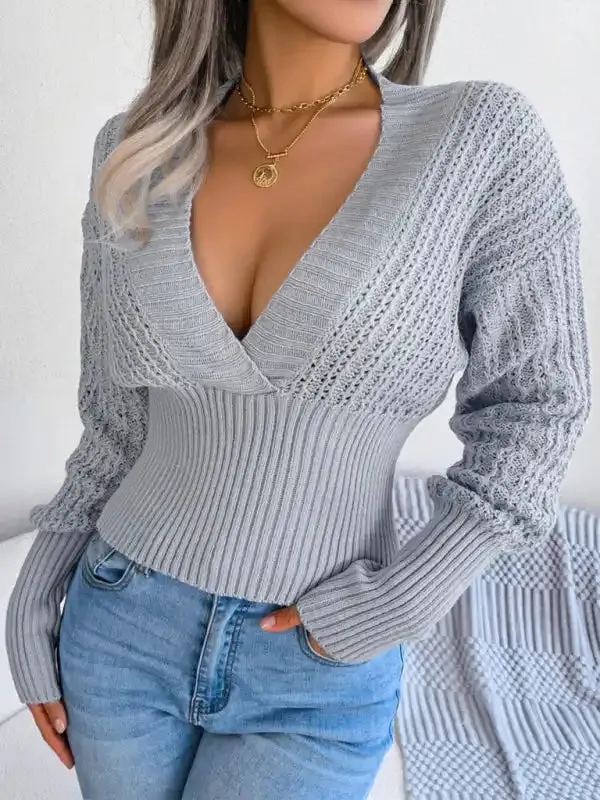 Hollow sexy V-neck bat sleeve waist pullover sweater