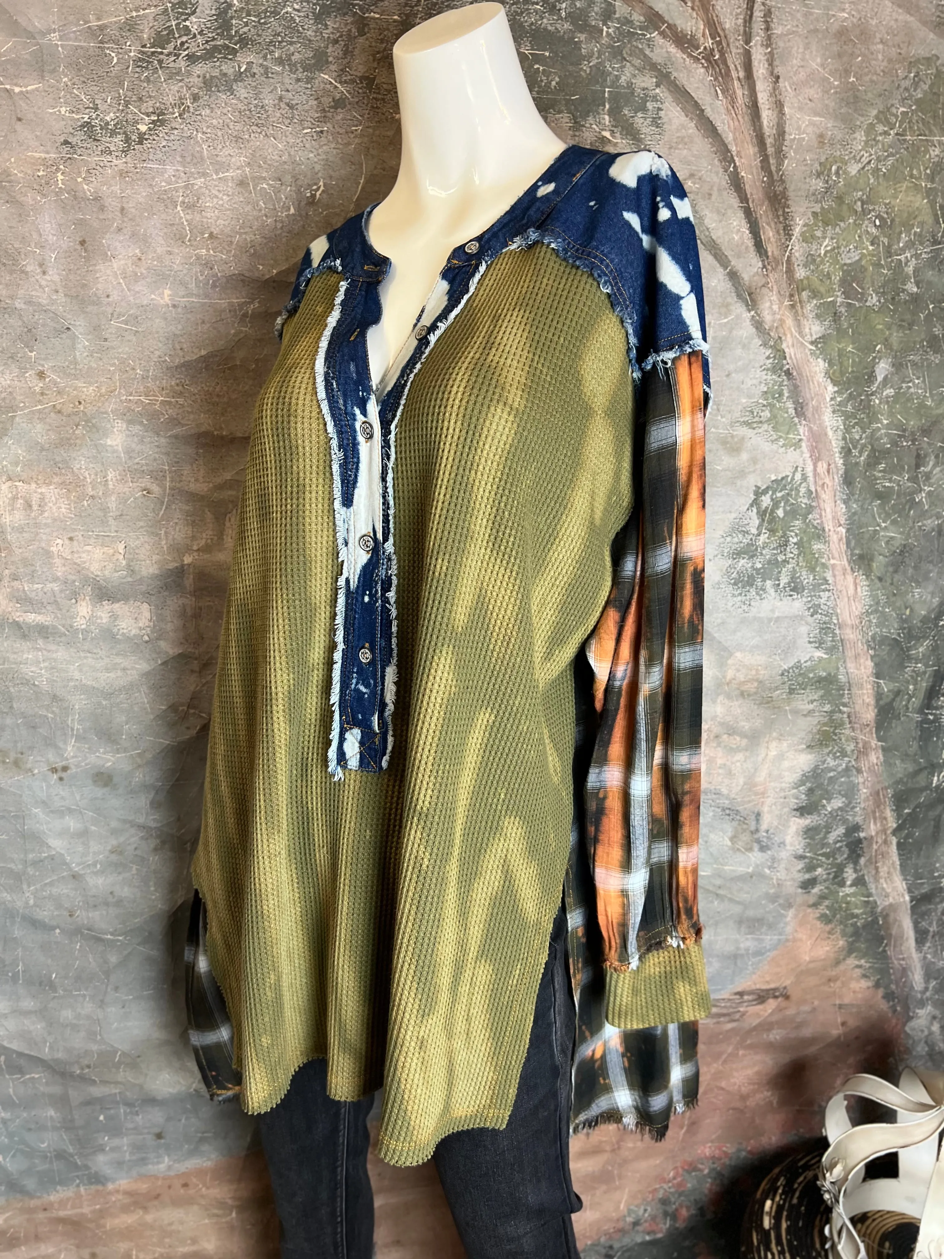 JG-Sunbaked Flannel Mix Top-Olive