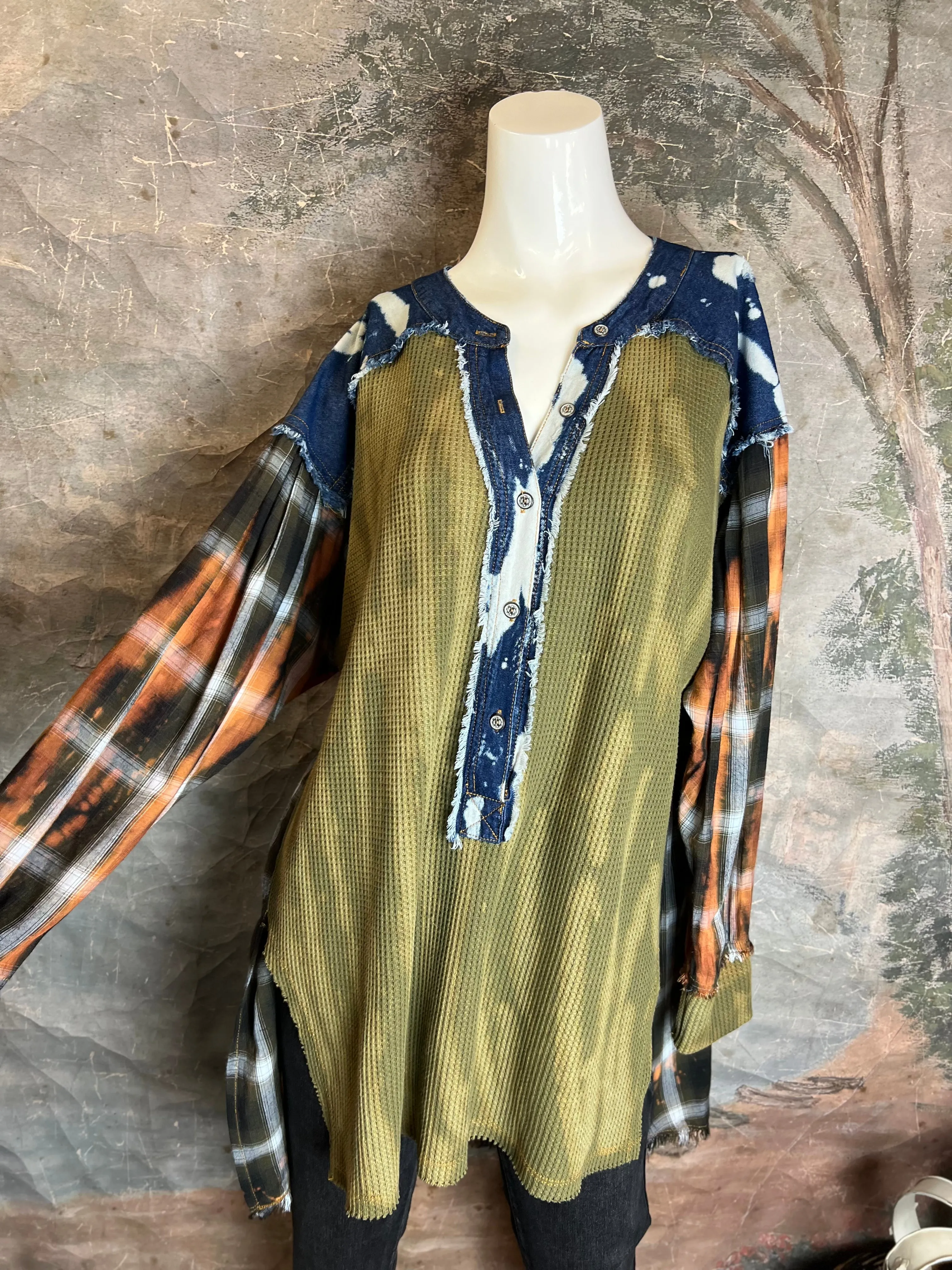 JG-Sunbaked Flannel Mix Top-Olive