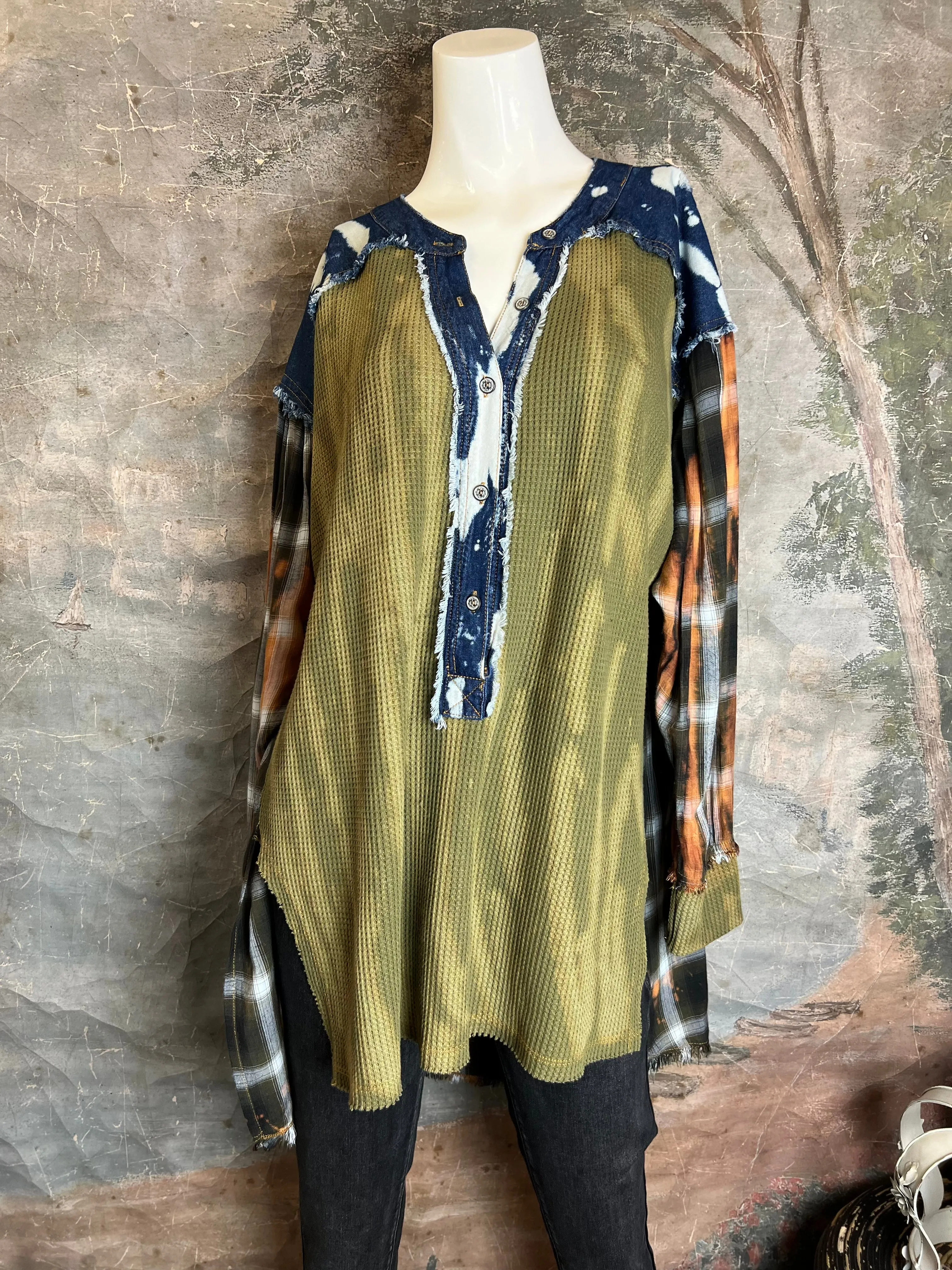 JG-Sunbaked Flannel Mix Top-Olive