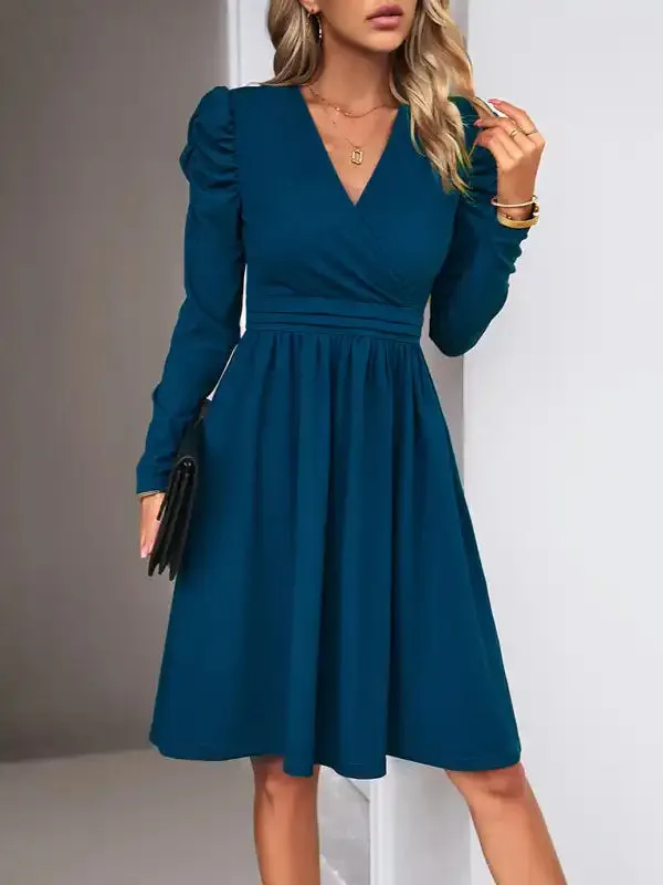 Ladies Fashion Elegant Solid Color V-neck Long Sleeve Dress