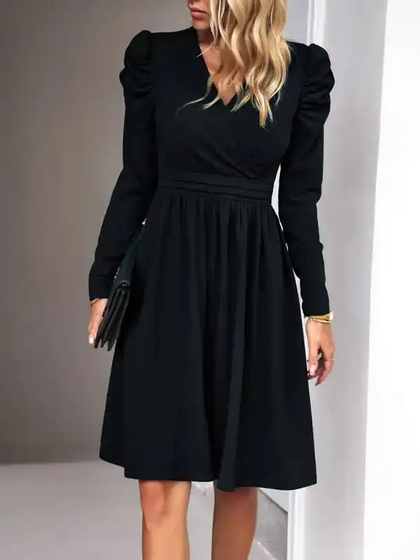 Ladies Fashion Elegant Solid Color V-neck Long Sleeve Dress