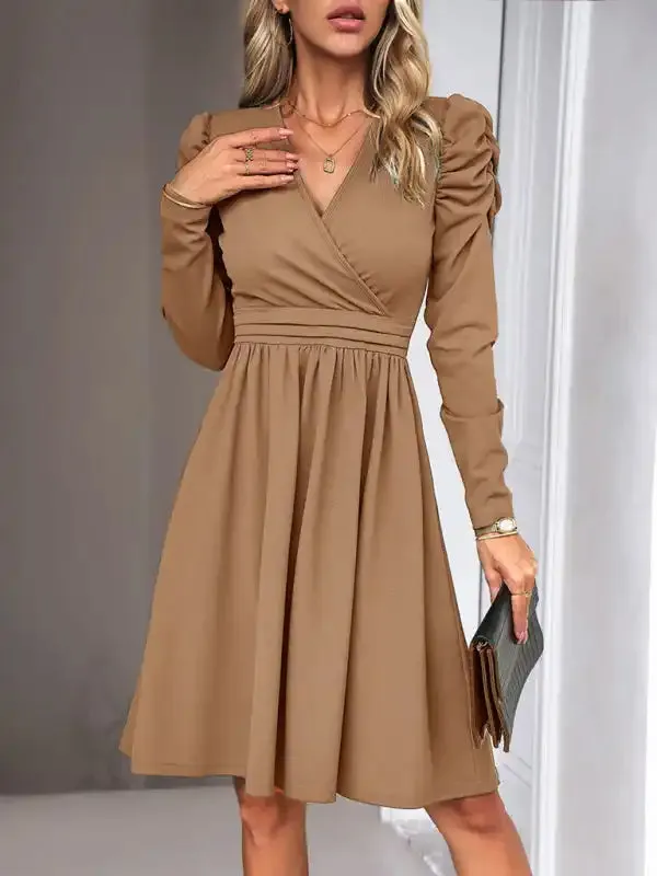 Ladies Fashion Elegant Solid Color V-neck Long Sleeve Dress