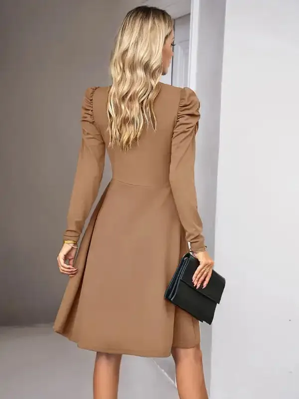 Ladies Fashion Elegant Solid Color V-neck Long Sleeve Dress