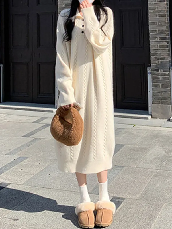 Long Sleeves Loose Buttoned Lapel Midi Dresses Sweater Dresses