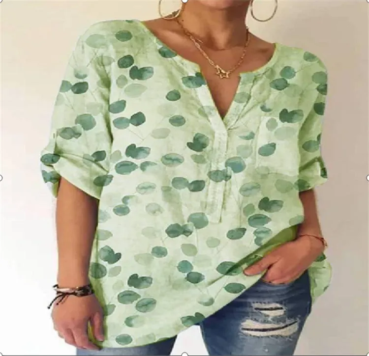 Loose printed V-neck long-sleeved shirt