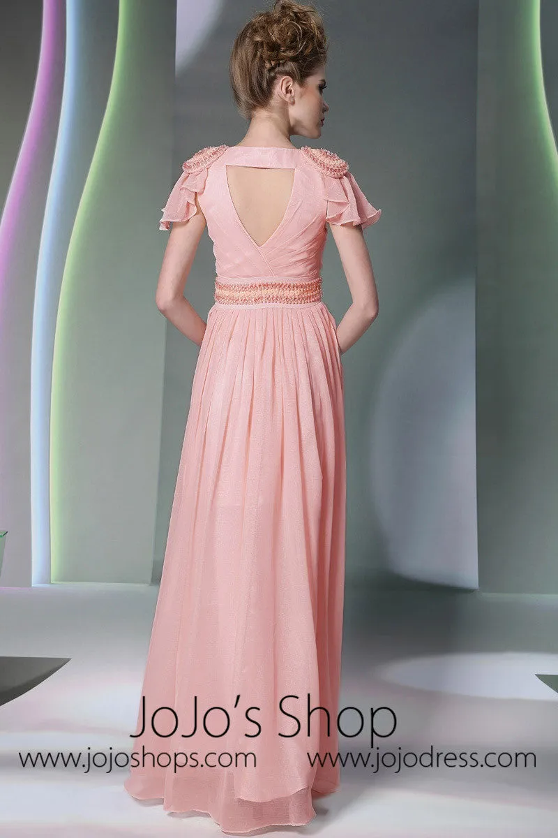 Pink V Neck Grecian Formal Prom Dress With Short Sleeves DQ830943