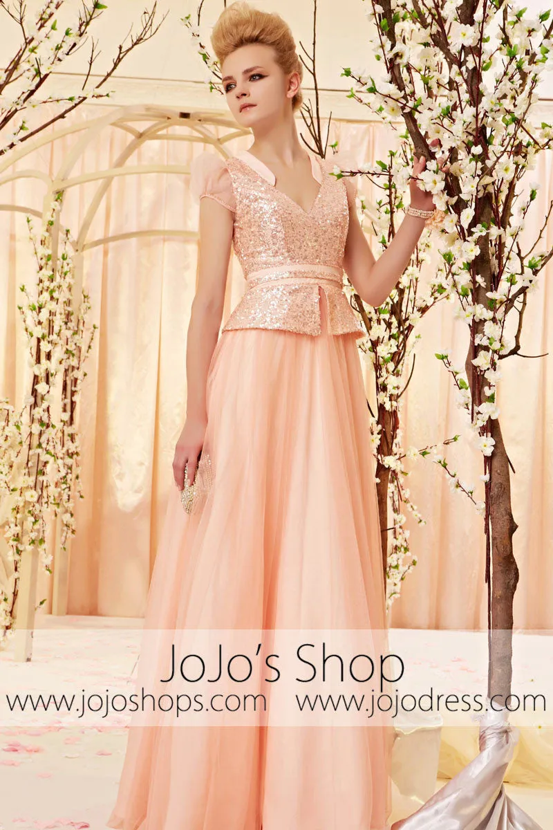 Princess Peach Pink Puff Sleeves Organze Tulle Evening Dress CX830393