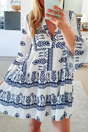 Print V Neck Flares Sleeve Mini Dress