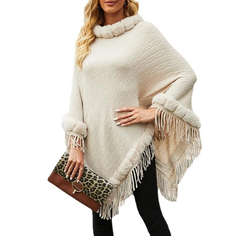 Pure color knitted cape shawl with fur collar