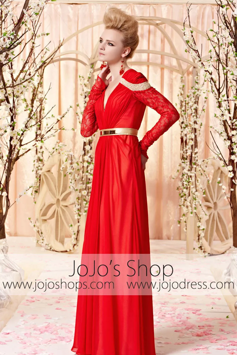 Retro Long Sleeves Red and Gold Evening Dress