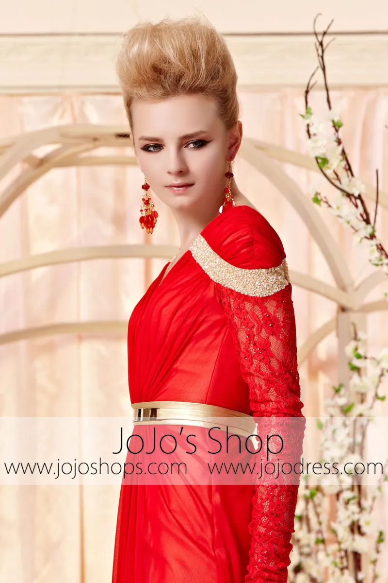 Retro Long Sleeves Red and Gold Evening Dress