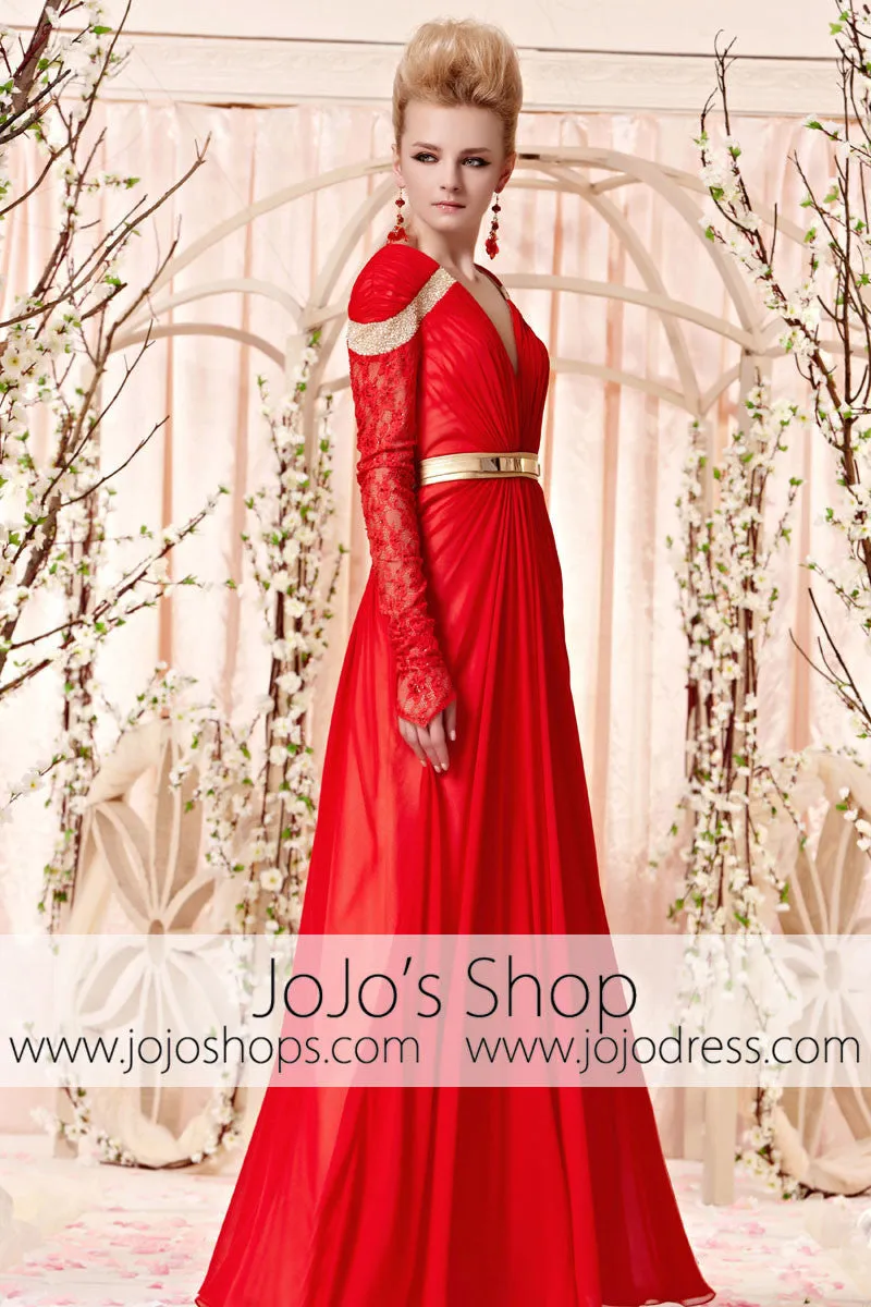 Retro Long Sleeves Red and Gold Evening Dress