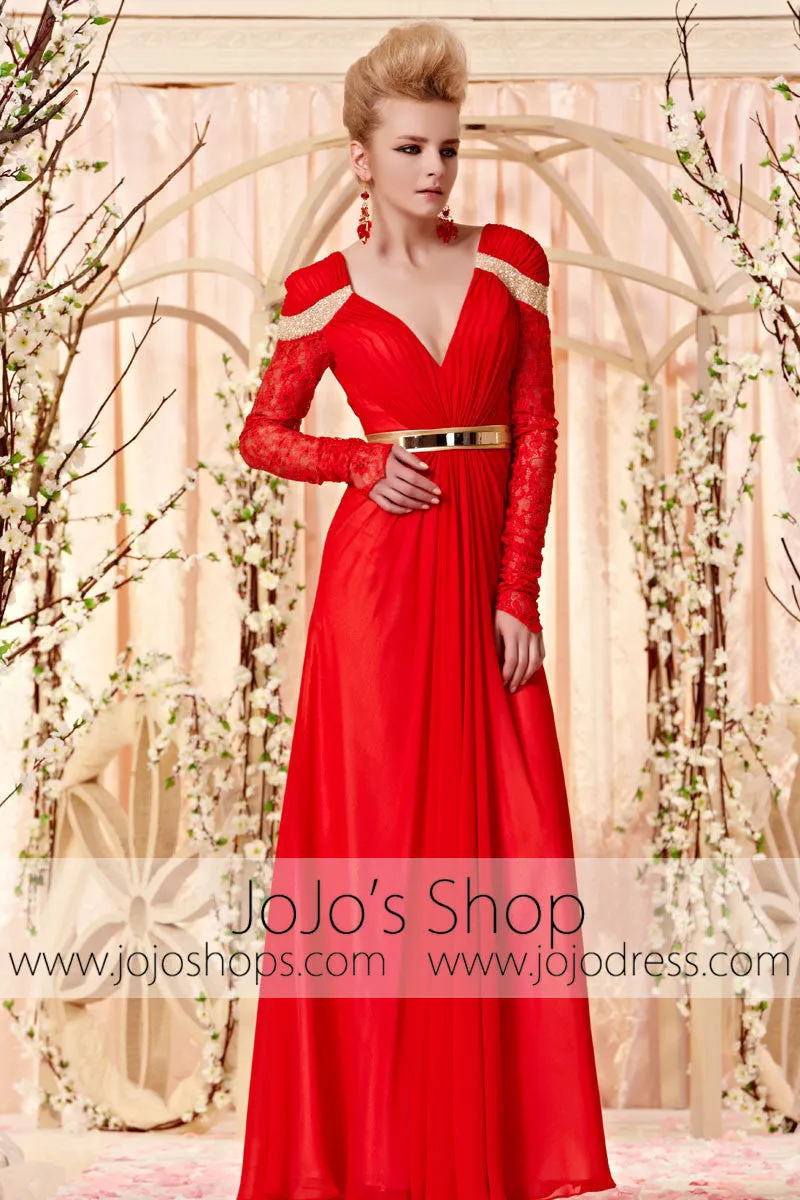 Retro Long Sleeves Red and Gold Evening Dress