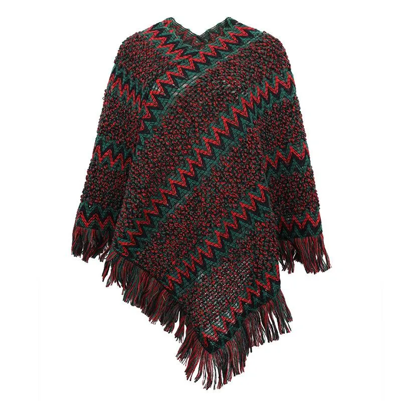 Shawl cloak sweater striped color tassel sweater coat women