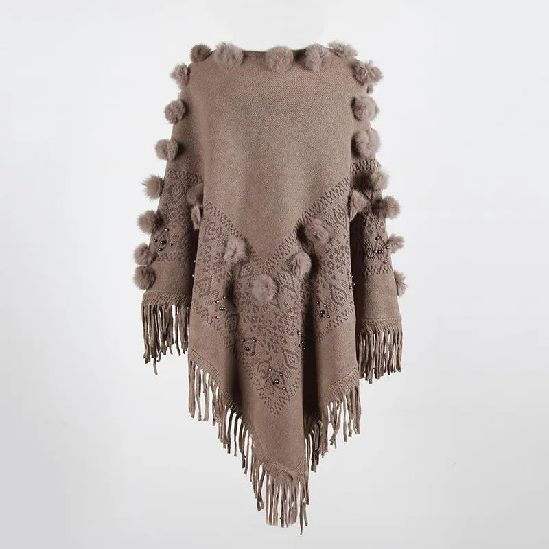 Shawl fringed cloak hair ball beaded round neck sweater women