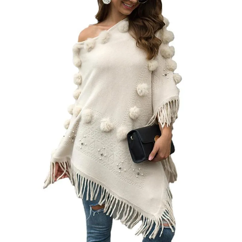 Shawl fringed cloak hair ball beaded round neck sweater women