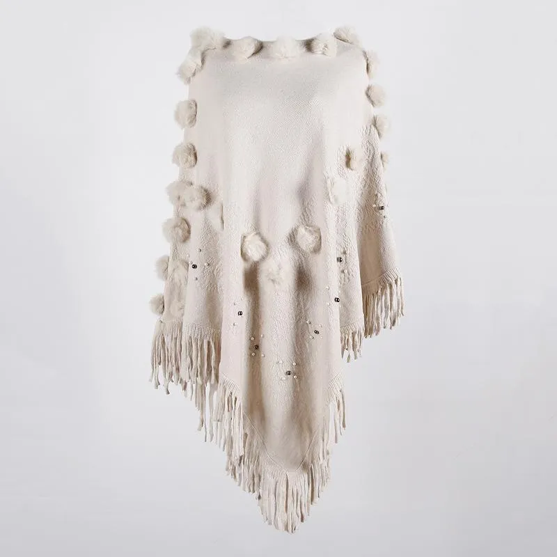 Shawl fringed cloak hair ball beaded round neck sweater women