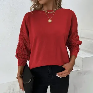 Solid Round Neck Twist Knit Balloon Sleeve Sweater