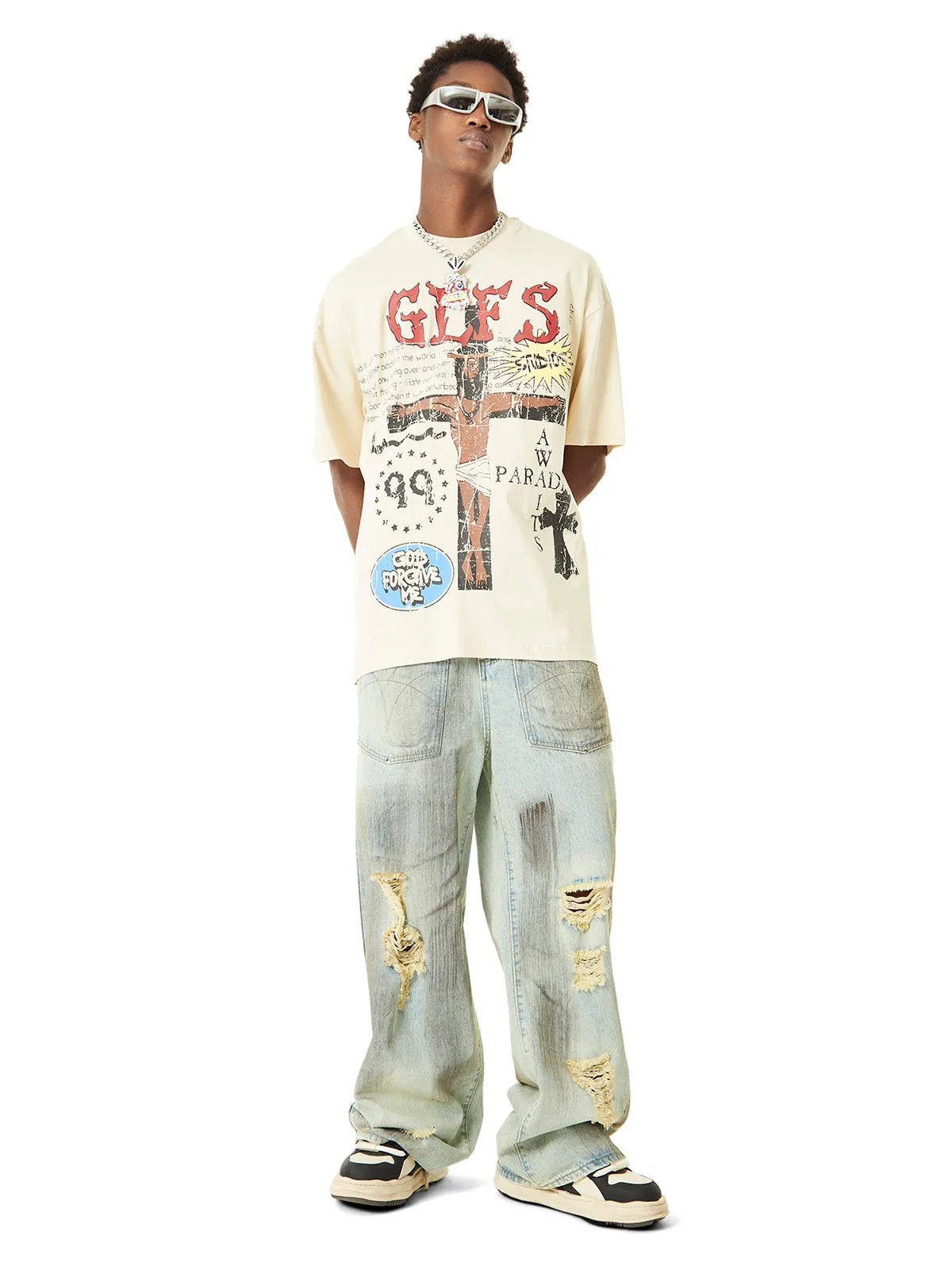 Thesupermade Retro Washed Reverse Design Hip-Hop Jeans