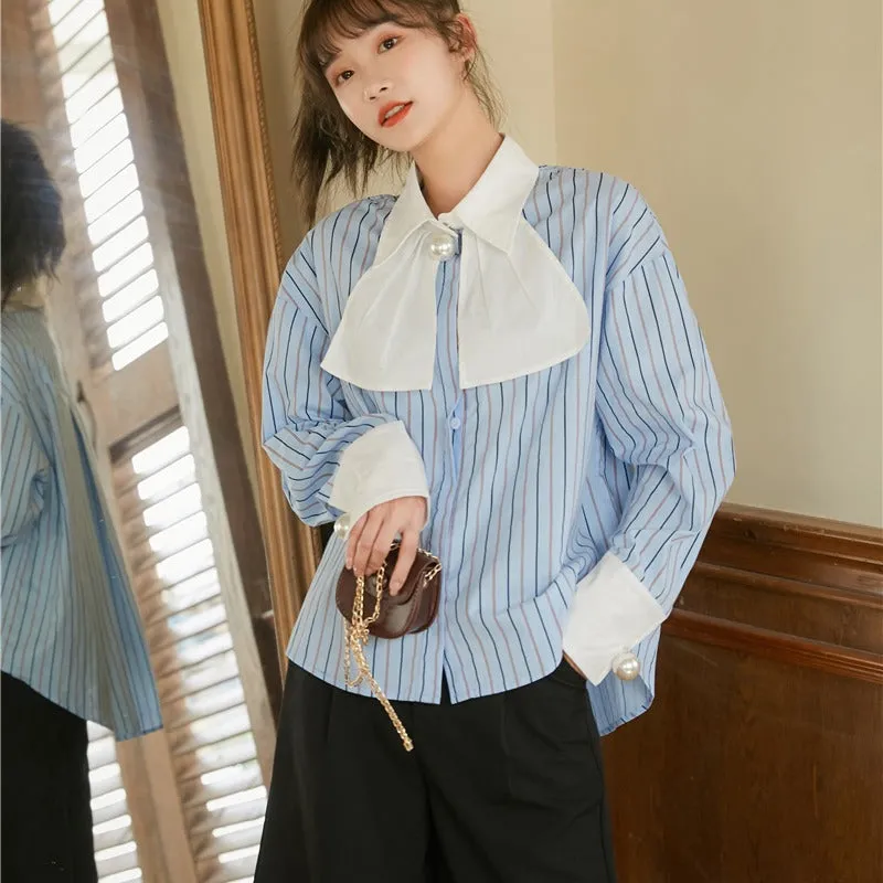 Tie pearl bow tie striped shirt female design niche retro vertical striped top