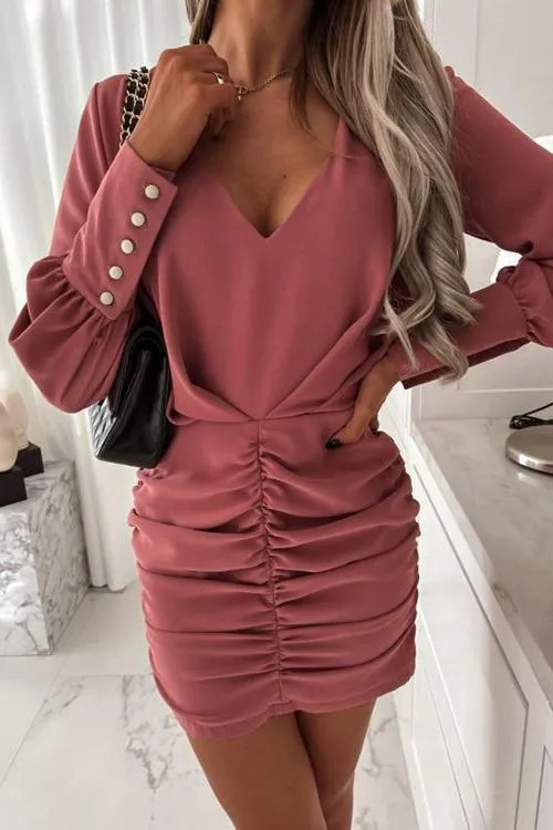 V Neck Ruched Bodycon Dress