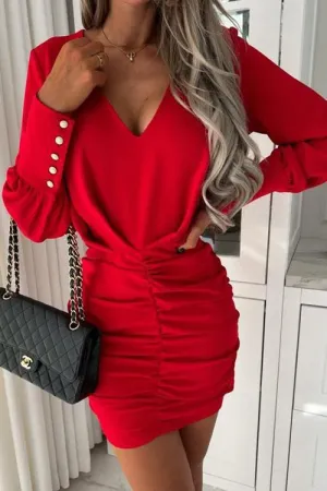 V Neck Ruched Bodycon Dress