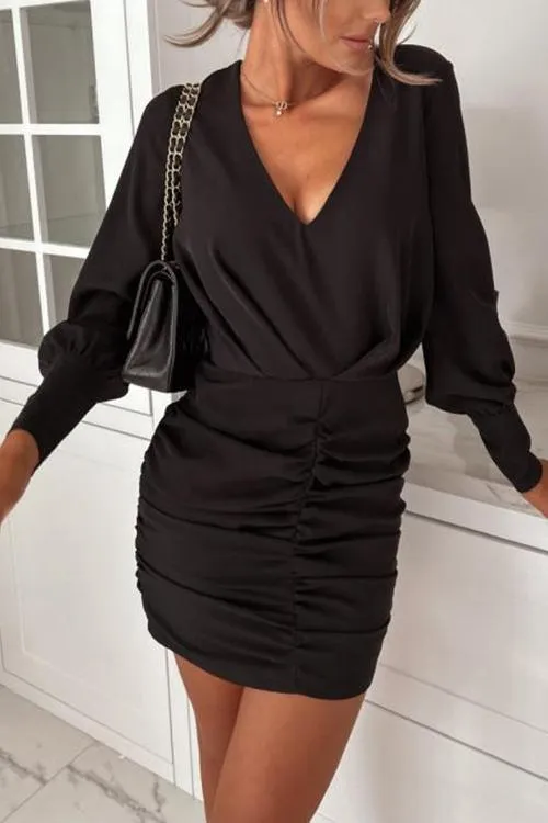 V Neck Ruched Bodycon Dress