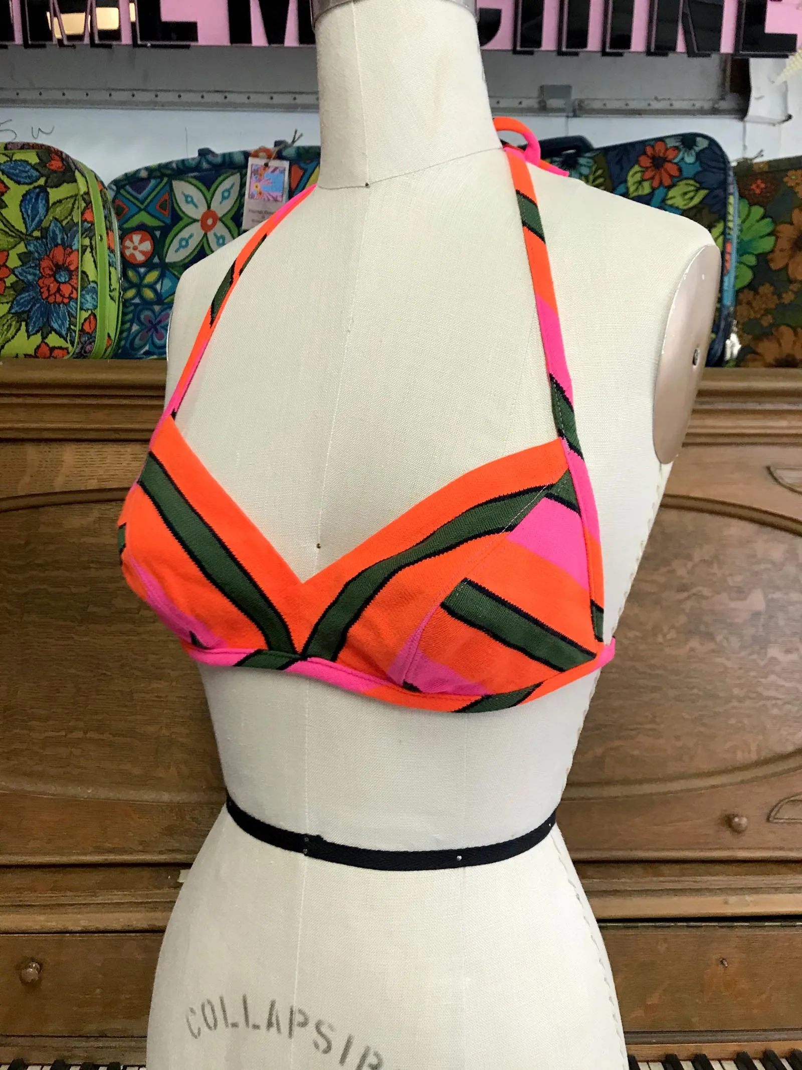 Vintage 1960s | Psycheldelic Day Glo Mod Striped Bralette Bikini Crop Top | B