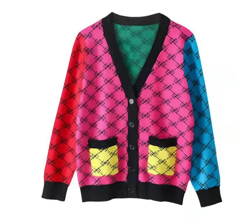 Women Sweater Luxury Brand V Neck Knitted Cardigans Sweater Pink Houndstooth Knit Long Sleeve Oversized Jumper Coats