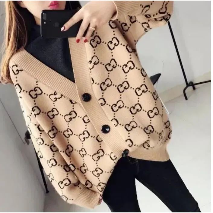 Women Sweater Luxury Brand V Neck Knitted Cardigans Sweater Pink Houndstooth Knit Long Sleeve Oversized Jumper Coats