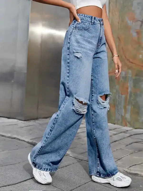 Women’s Fashion ripped high waist wide leg casual denim trousers