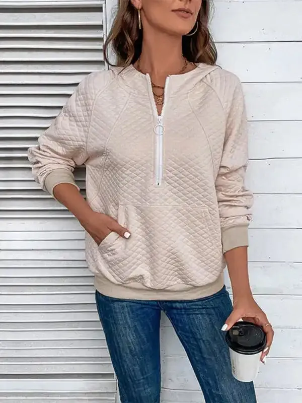 Women’s hooded long-sleeved solid color diamond check sweatshirt