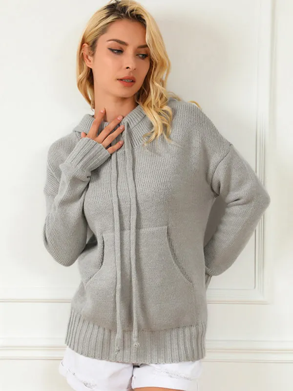 Women's mid-length loose drawstring pocket loose sweater