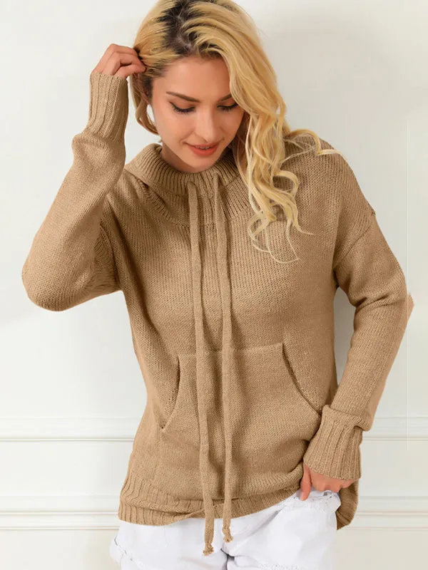 Women's mid-length loose drawstring pocket loose sweater