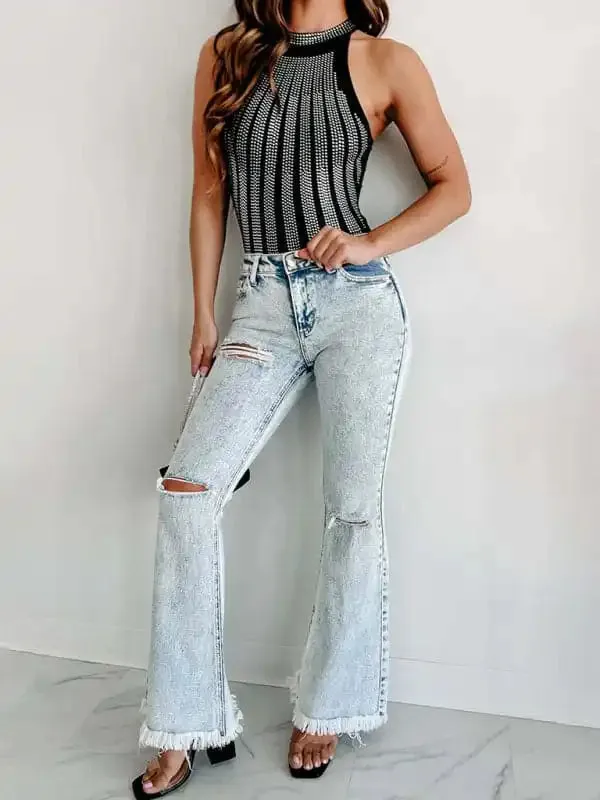 Women’s Ripped Jeans Micro-Boom Washed High Waist Pants