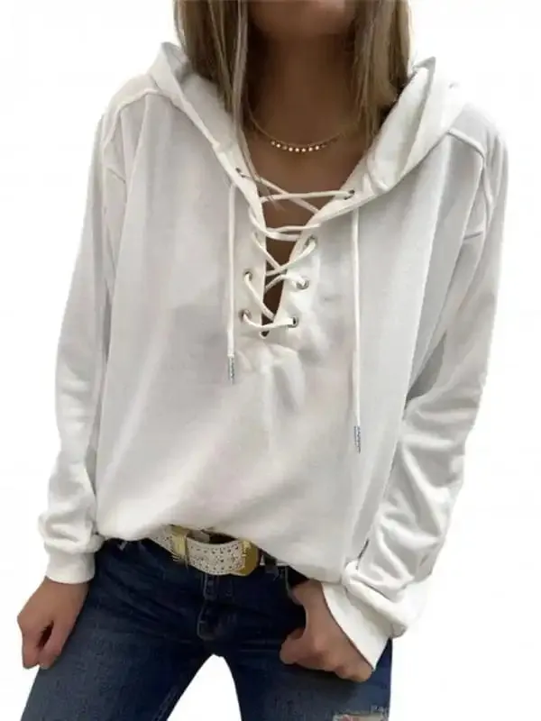 Women’s Solid Color Lace Up Long Sleeve Hoodie