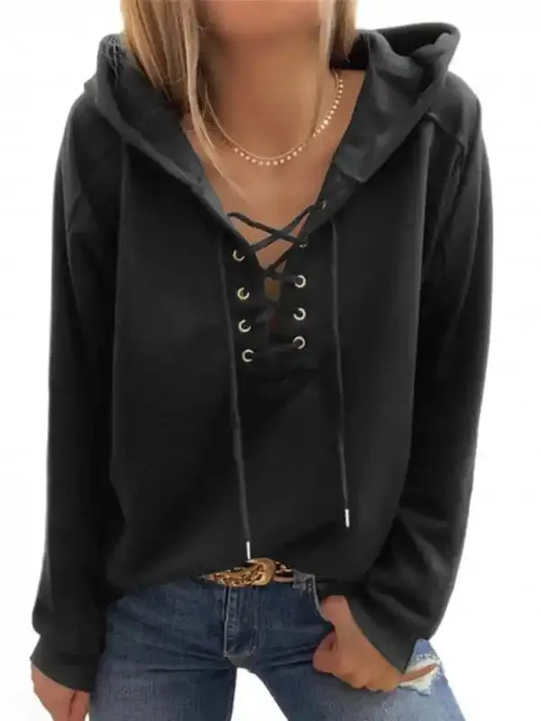 Women’s Solid Color Lace Up Long Sleeve Hoodie