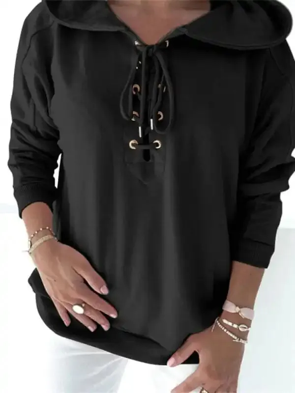 Women’s Solid Color Lace Up Long Sleeve Hoodie