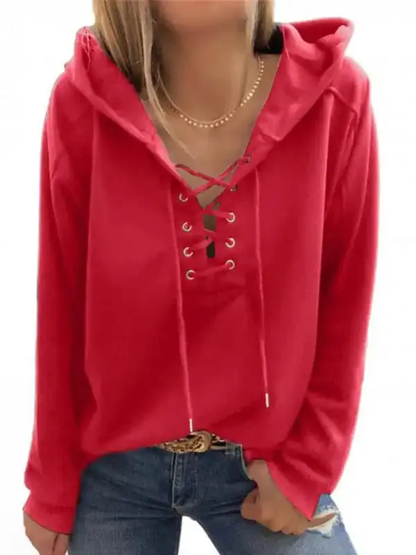 Women’s Solid Color Lace Up Long Sleeve Hoodie