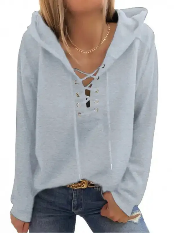 Women’s Solid Color Lace Up Long Sleeve Hoodie