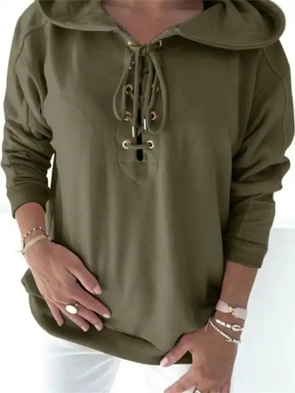 Women’s Solid Color Lace Up Long Sleeve Hoodie