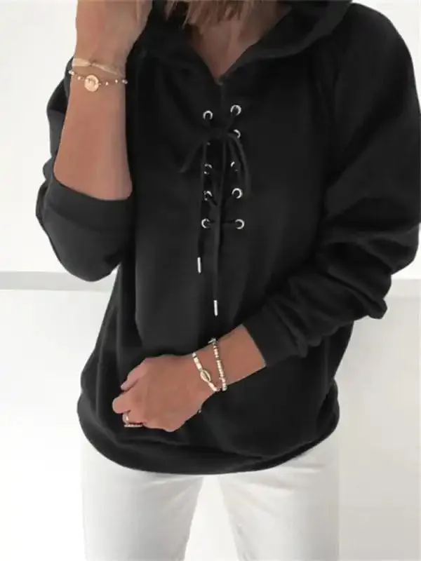 Women’s Solid Color Lace Up Long Sleeve Hoodie