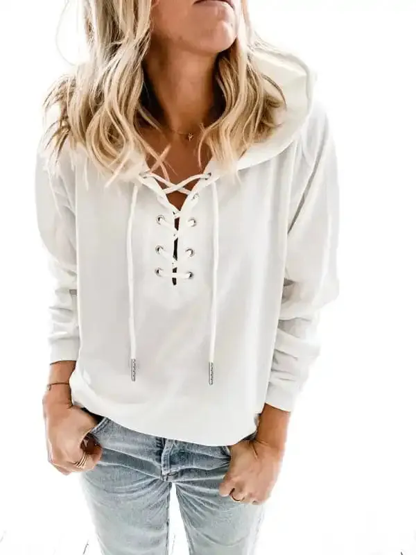 Women’s Solid Color Lace Up Long Sleeve Hoodie