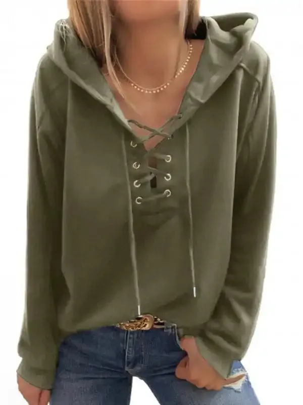 Women’s Solid Color Lace Up Long Sleeve Hoodie