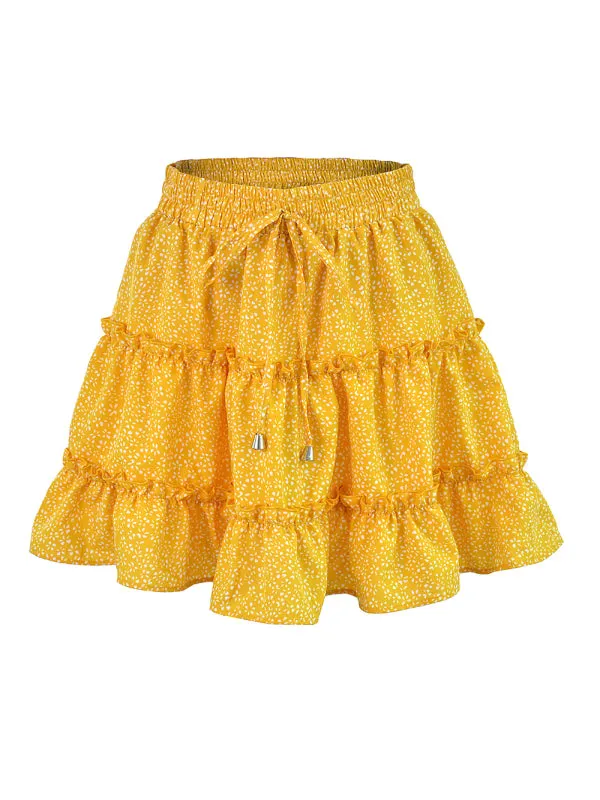 Women's Solid Color Tiered Ruffle Waist Tie Mini Skirt