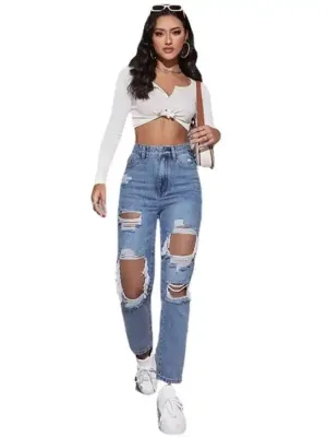 Women’s washed ripped high waist straight trousers